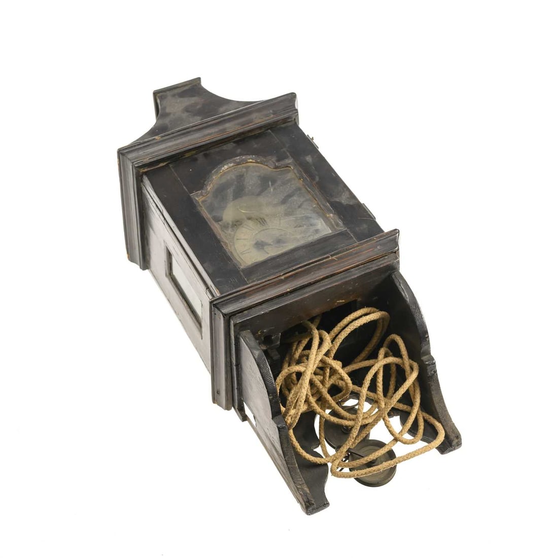 A GEORGE III EBONISED HOODED WALL CLOCK WITH ALARM SIGNED GEO RILEY, LONDON: A GEORGE III EBONISED HOODED WALL CLOCK WITH ALARM SIGNED GEO RILEY, LONDON the arched brass dial with Roman numeral chapter ring, central alarm disc and pierced foliate corner spandrels, the weight-d
