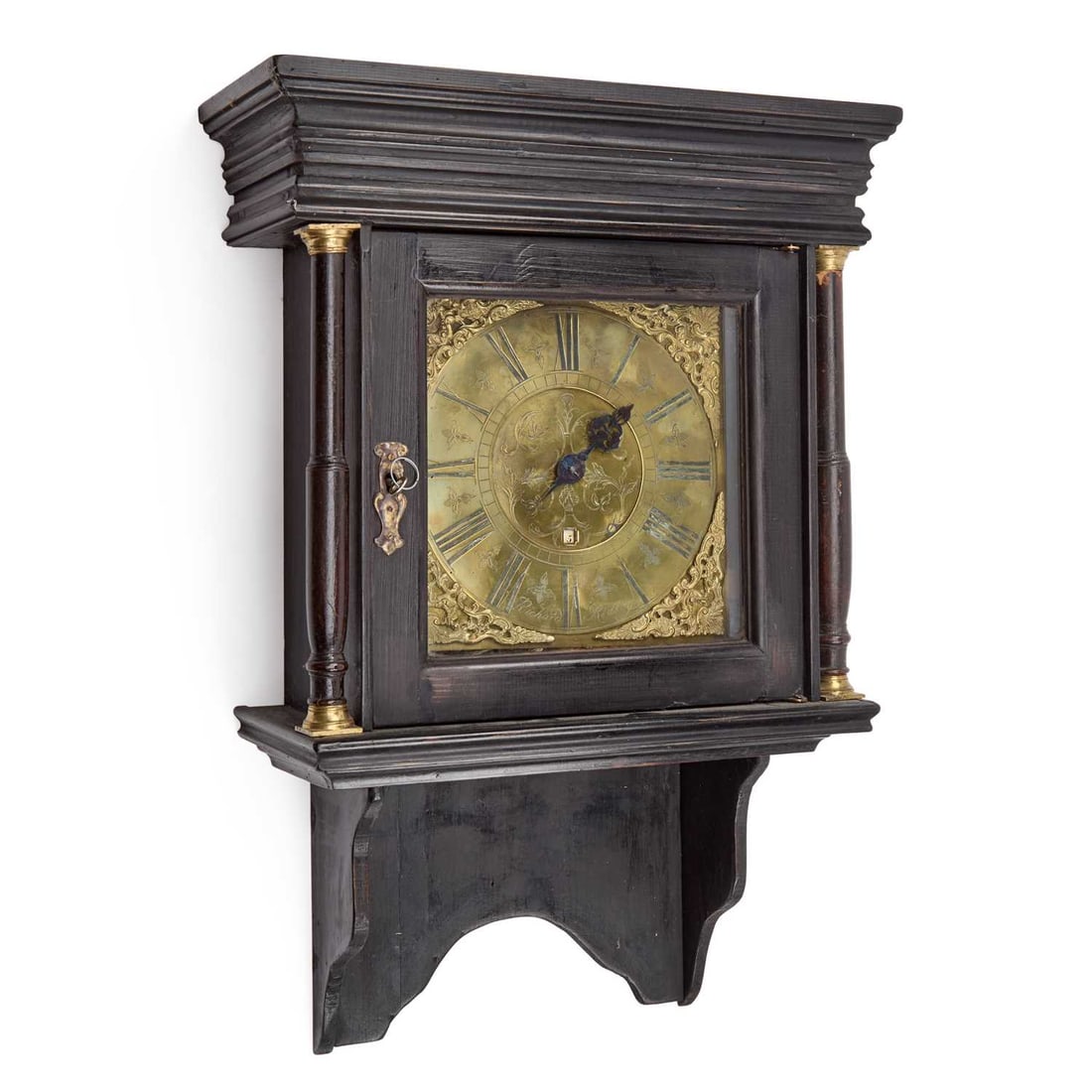 AN OAK THIRTY-HOUR WALL CLOCK SIGNED RICHARD RIDLEY: AN OAK THIRTY-HOUR WALL CLOCK SIGNED RICHARD RIDLEY the 9-inch square brass dial with single pointer and date aperture. 64cm high