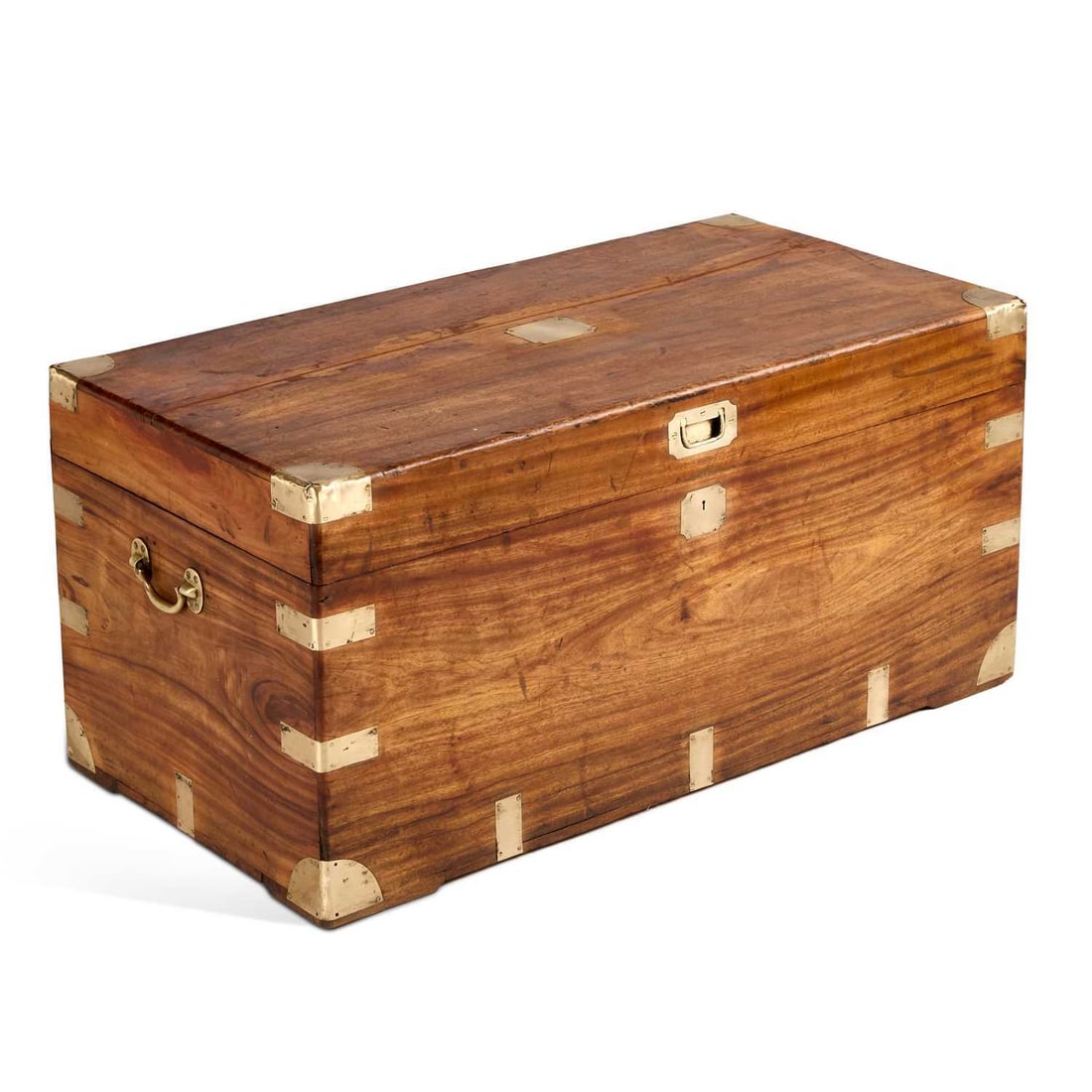 A 19TH CENTURY BRASS-BOUND MILITARY CAMPHORWOOD CHEST (1 of 1)