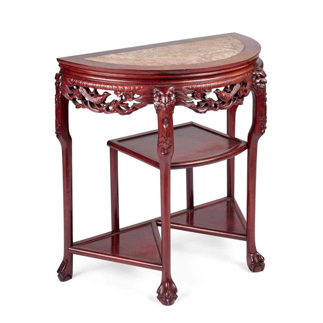 A CHINESE MARBLE-INSET HARDWOOD DEMILUNE SIDE TABLE: A CHINESE MARBLE-INSET HARDWOOD DEMILUNE SIDE TABLE the pierced apron carved with birds. 81cm high, 85cm wide, 41cm deep Overall in good condition, no visible damage or losses, there are a few surface