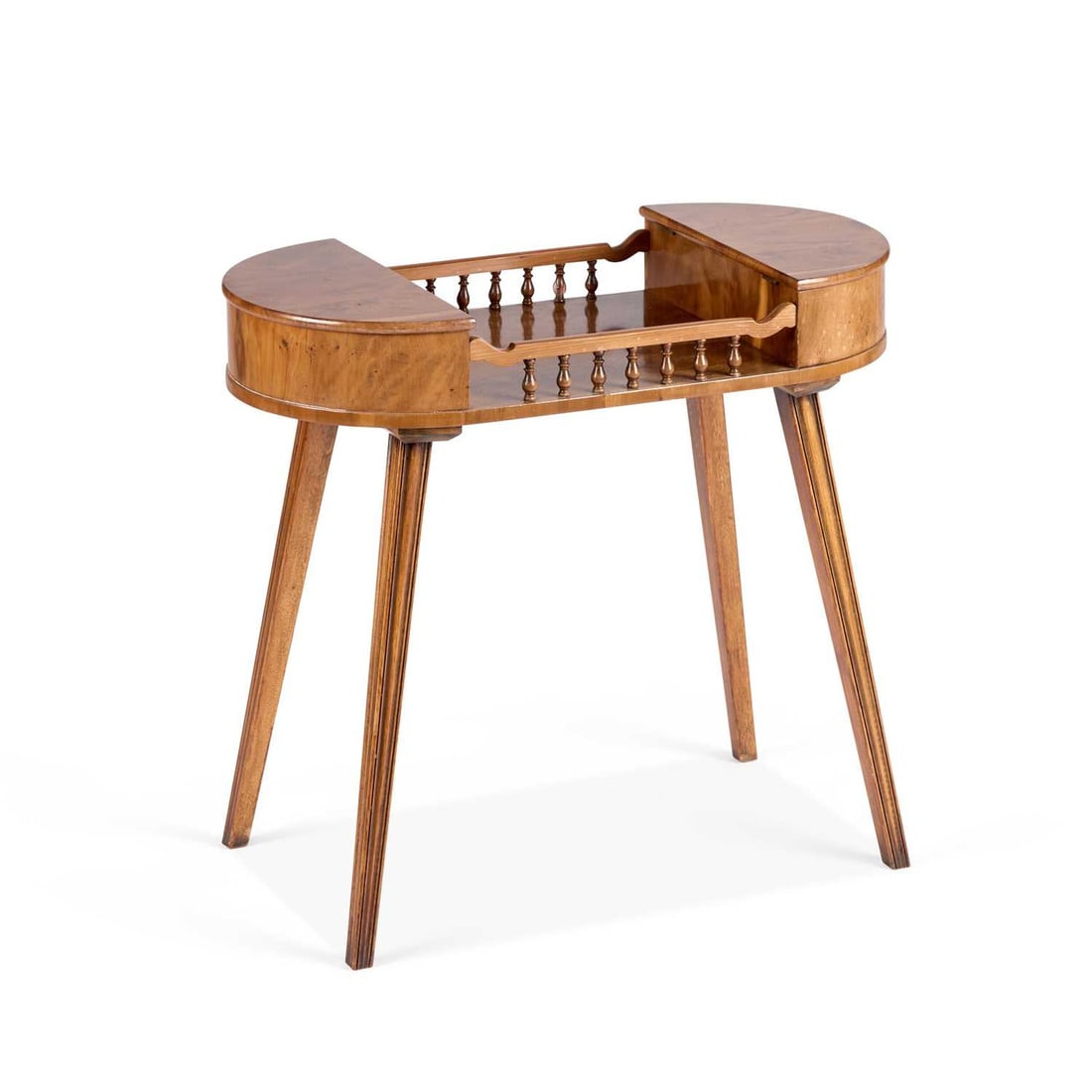 A GEORGIAN STYLE YEW WOOD OCCASIONAL TABLE: A GEORGIAN STYLE YEW WOOD OCCASIONAL TABLE with hinged covers to the D-ends flanking spindle galleries, raised on square-section moulded splayed legs. 56cm high, 60cm wide
