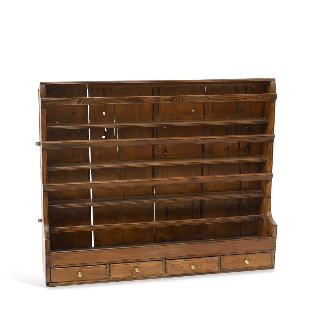 A 19TH CENTURY PINE PLATE RACK: A 19TH CENTURY PINE PLATE RACK with a boarded back and four drawers. 102cm high, 122cm wide