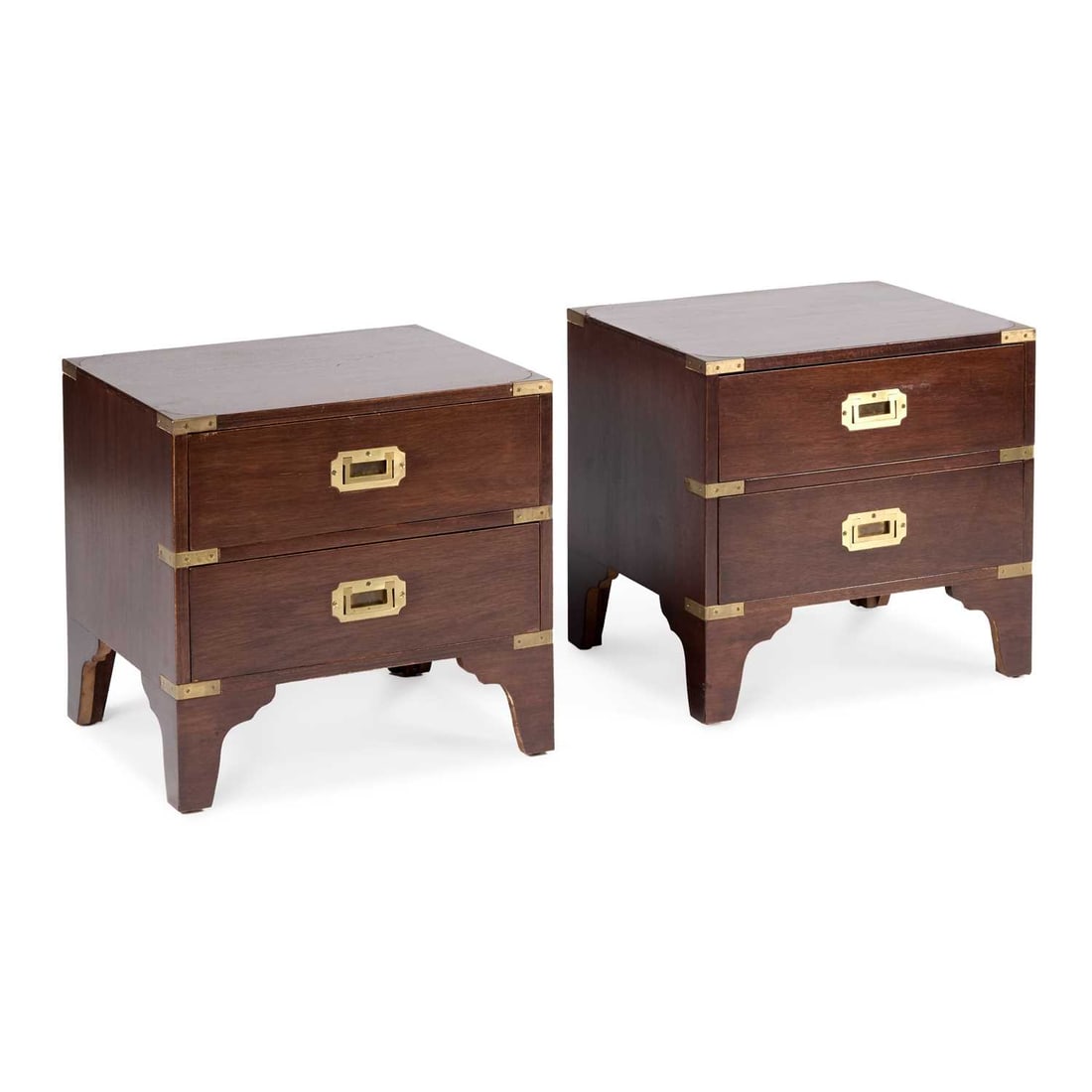 A PAIR OF MILITARY STYLE BRASS-MOUNTED HARDWOOD TWO-DRAWER LOW CHESTS: A PAIR OF MILITARY STYLE BRASS-MOUNTED HARDWOOD TWO-DRAWER LOW CHESTS raised on bracket feet. (2) 44cm high, 45.5cm wide, 37.5cm deep