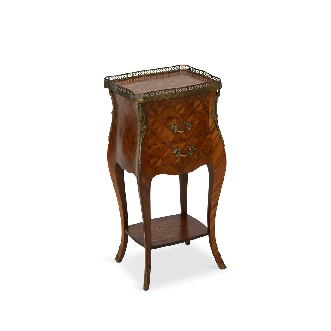 A LOUIS XV STYLE KINGWOOD SIDE TABLE: A LOUIS XV STYLE KINGWOOD SIDE TABLE with a pierced brass gallery top above two drawers, raised on cabriole legs joined by a shelf stretcher. 71cm high, 34cm wide, 28cm deep
