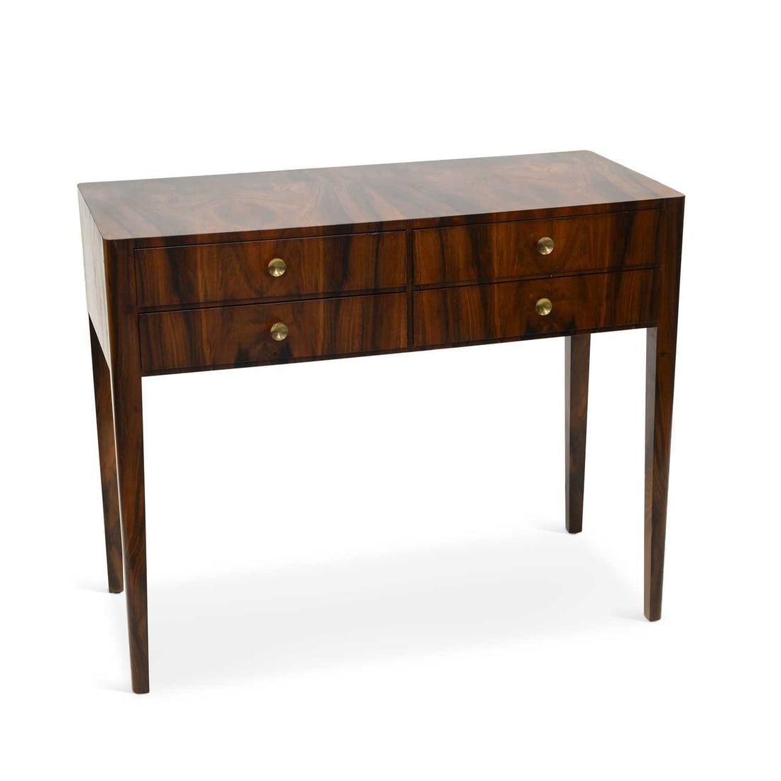 AN ART DECO FIGURED ROSEWOOD-VENEERED CONSOLE TABLE CIRCA 1930: AN ART DECO FIGURED ROSEWOOD-VENEERED CONSOLE TABLE CIRCA 1930 the rectangular top above four drawers arranged in two banks, each fitted with a circular brass handle, raised on square tapering legs.