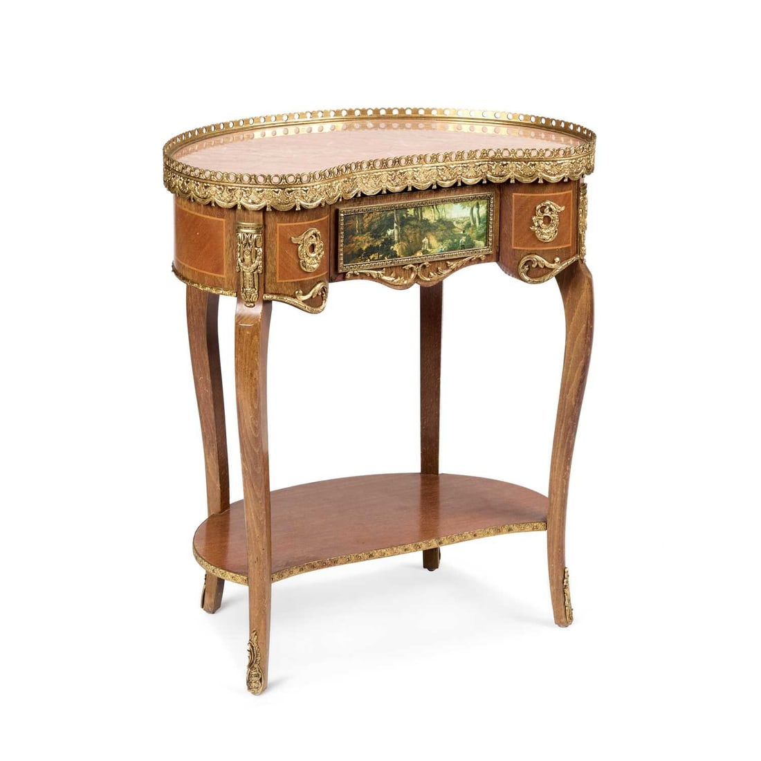 A LOUIS XV STYLE MARBLE-TOPPED AND GILT-METAL MOUNTED RENIFORM OCCASIONAL TABLE LABEL OF EPSTEIN: A LOUIS XV STYLE MARBLE-TOPPED AND GILT-METAL MOUNTED RENIFORM OCCASIONAL TABLE LABEL OF EPSTEIN with a pierced gallery above a frieze drawer decorated with a landscape to the front, raised on