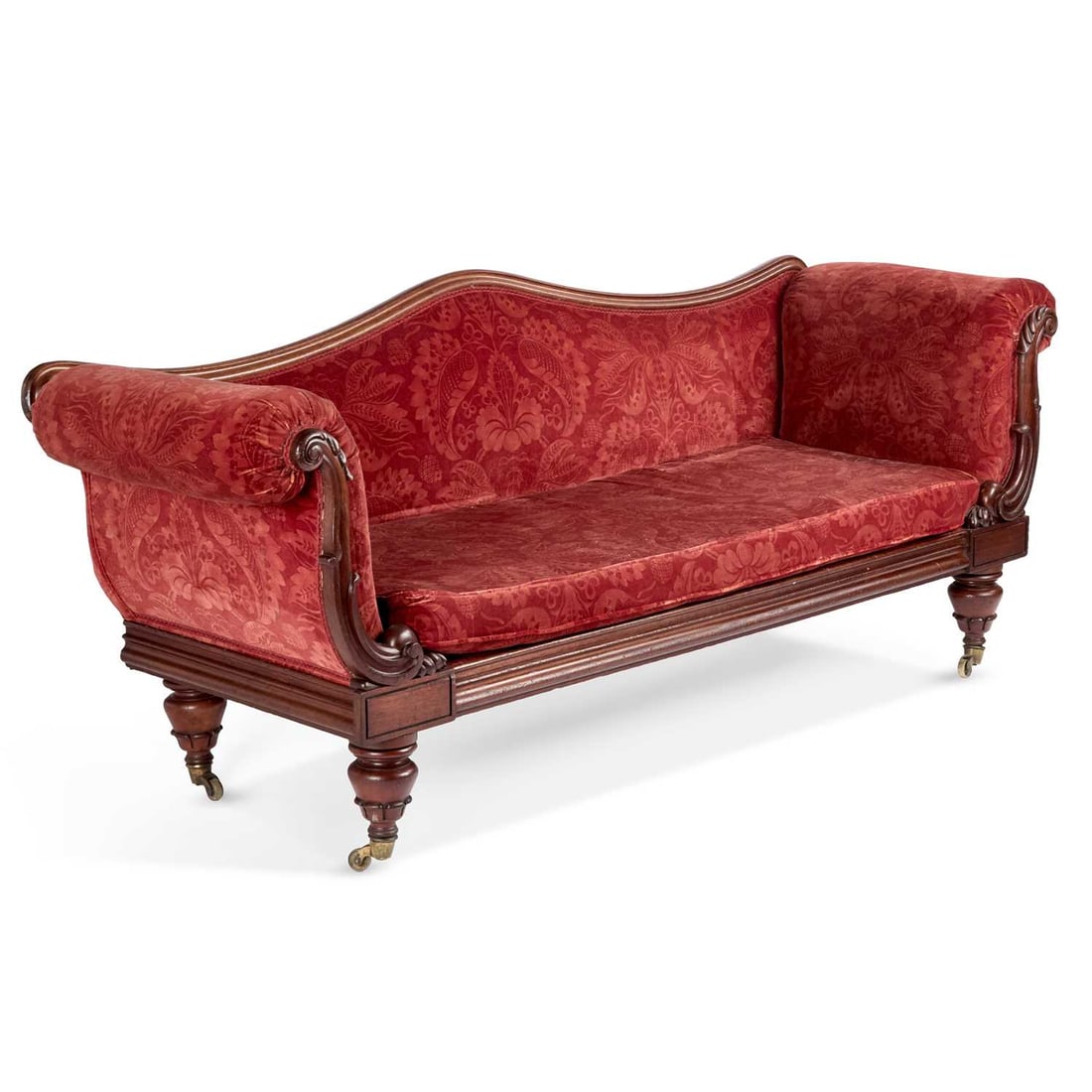 A VICTORIAN ROSEWOOD SOFA: A VICTORIAN ROSEWOOD SOFA with scroll-carved ends, moving on castors. 2.14cm long