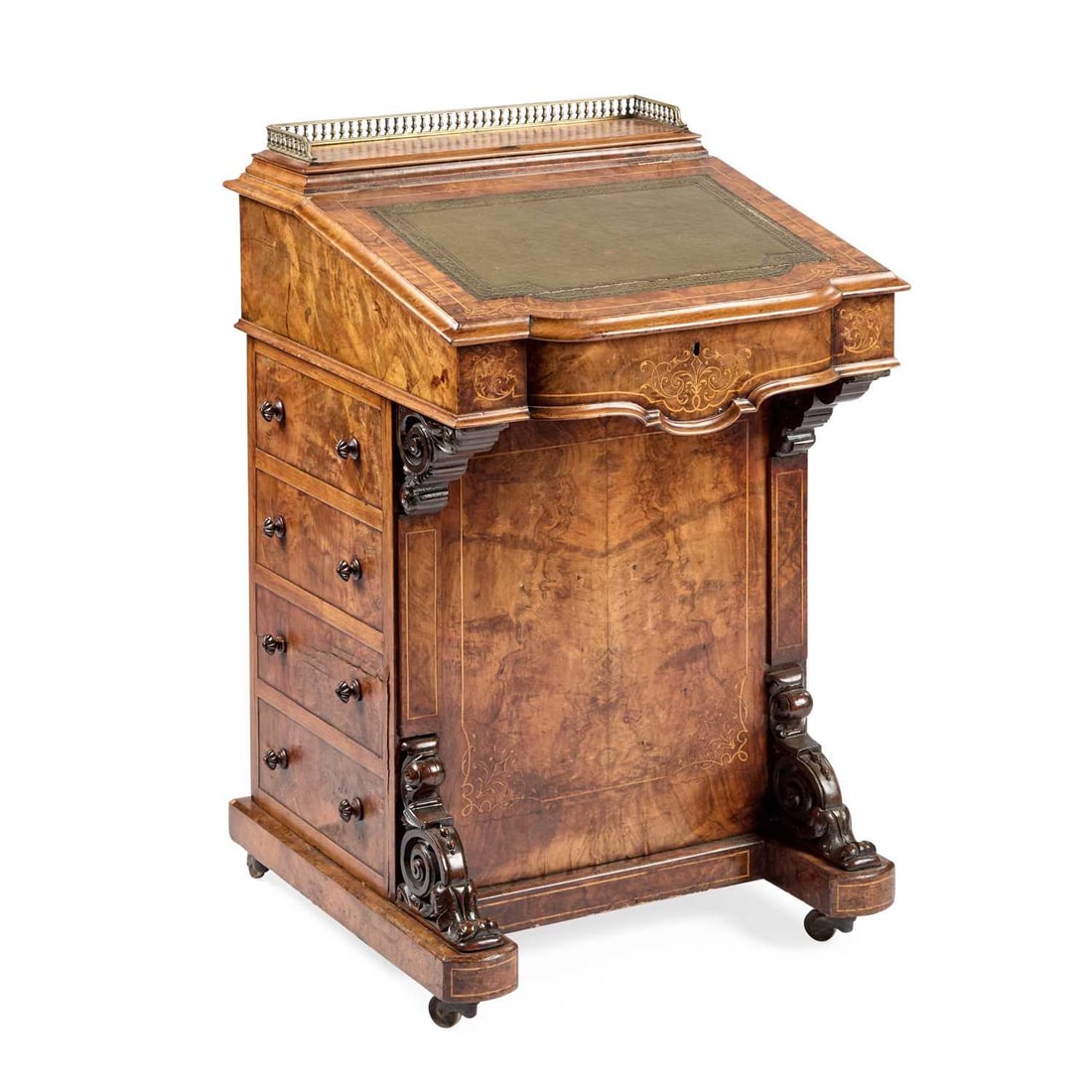 A VICTORIAN INLAID WALNUT DAVENPORT: A VICTORIAN INLAID WALNUT DAVENPORT with a brass gallery over a hinged leather-inset writing slope, fitted with four drawers opposed by four dummy drawer fronts, moving on castors. 86cm high, 54cm wid
