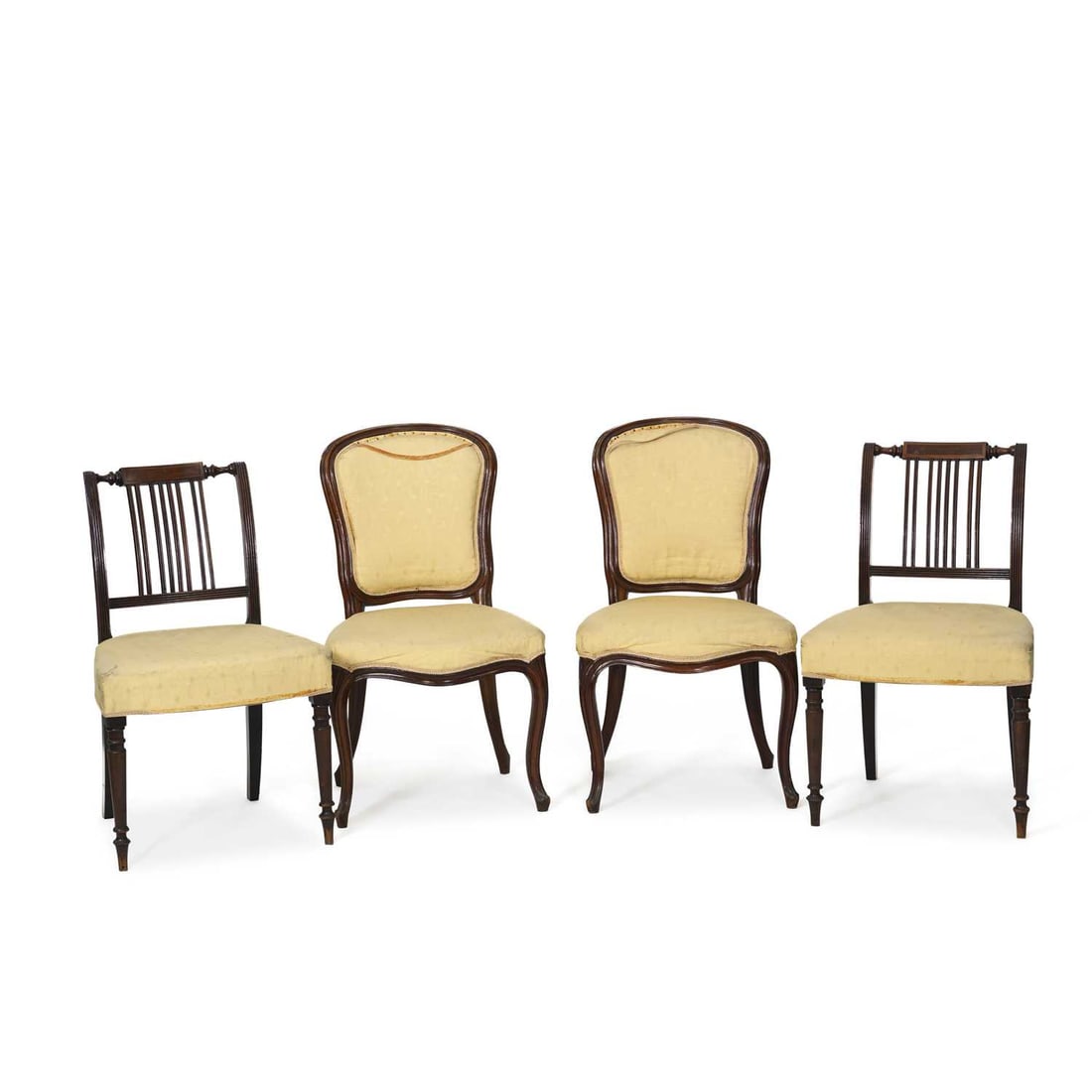 TWO PAIRS OF 19TH CENTURY MAHOGANY SIDE CHAIRS: TWO PAIRS OF 19TH CENTURY MAHOGANY SIDE CHAIRS the first pair with cabriole legs, the second with turned tapering legs. (4) Heights of tallest back 89cm