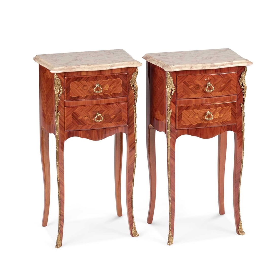 A PAIR OF FRENCH MARBLE-TOPPED, GILT-METAL AND PARQUETRY TABLES (1 of 1)