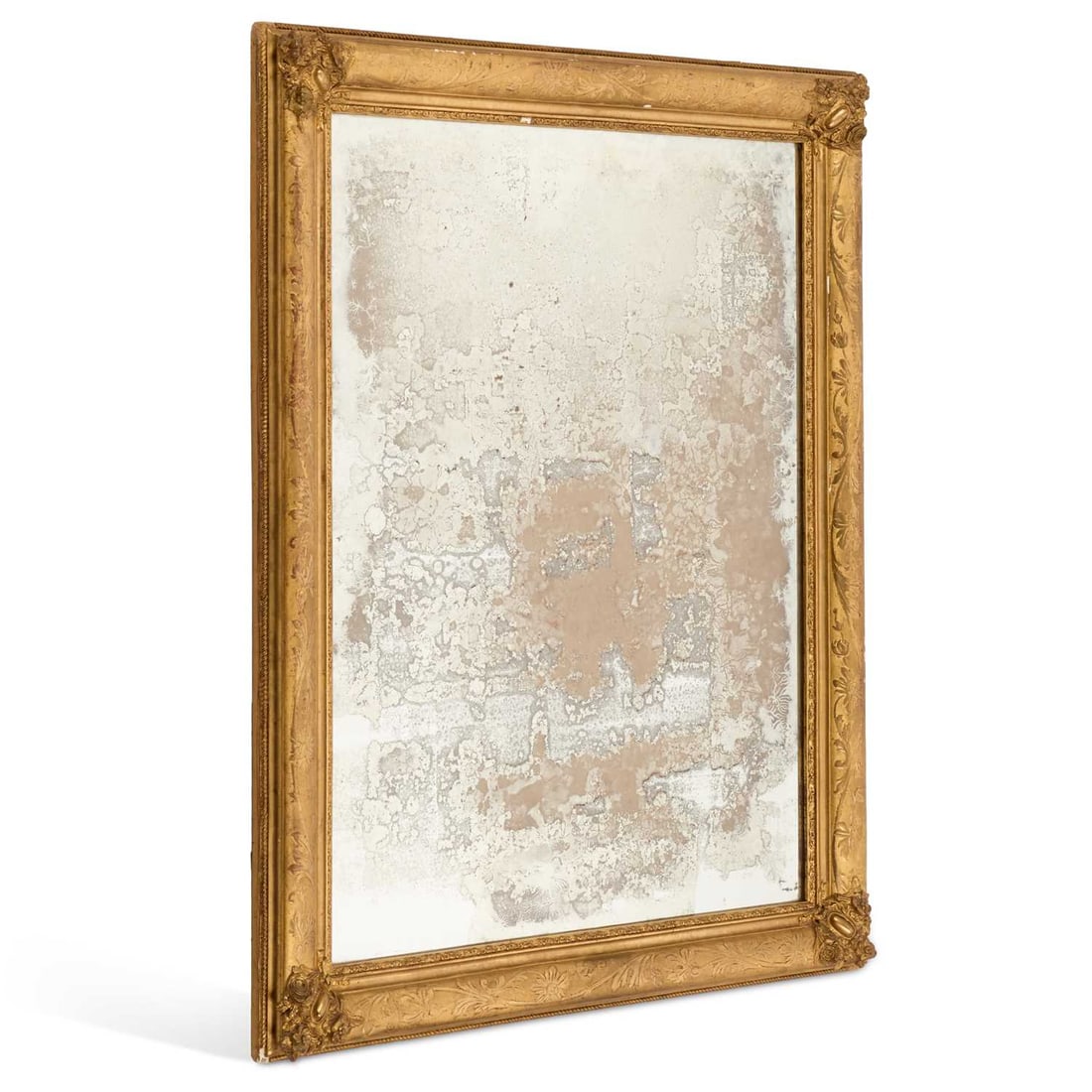 A CONTINENTAL GILTWOOD MIRROR FRENCH OR SPANISH, LATE 19TH CENTURY: A CONTINENTAL GILTWOOD MIRROR FRENCH OR SPANISH, LATE 19TH CENTURY the rectangular frame is decorated with stylised flowers and tendrils. 95cm by 76cm The silver mirror backing is blumed. The frame is