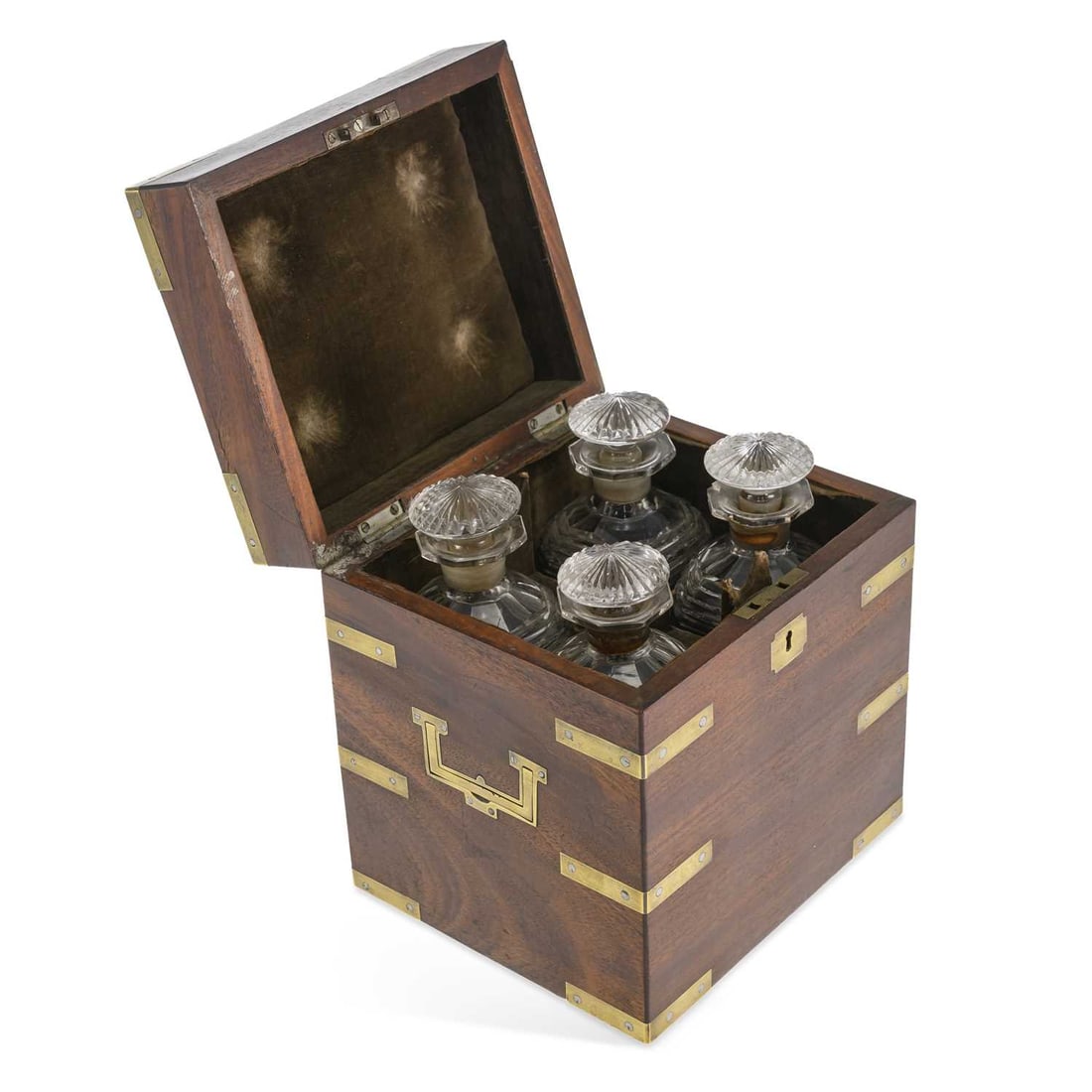 A 19TH-CENTURY BRASS-BOUND MAHOGANY TRAVELLING DECANTER BOX (1 of 3)