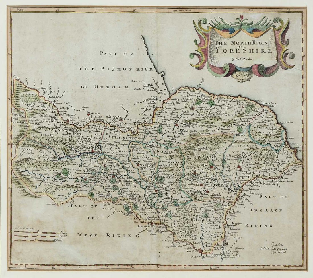 ROBERT MORDEN (C.1650-1703) THE NORTH RIDING OF YORKSHIRE: 17th/ 18th Century, engraved, hand coloured map. 36cm by 42cm