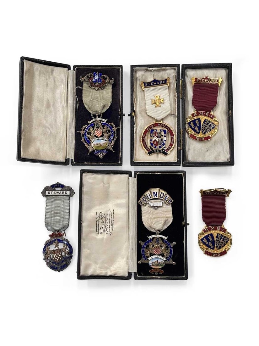 A GROUP OF MASONIC JEWELS: comprising a silver and enamel Royal Institution For Boys 1921 Steward jewel; a silver and enamel Liddell Lodge No. 3616 1912 Founder jewel, cased; a silver and enamel Liddell Chapter No. 3616 1932