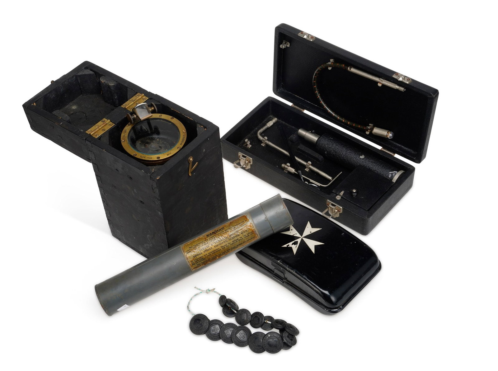 AN AIR MINISTRY HAND HELD COMPASS TOGETHER WITH A HYDROMETER, A TIN AND CASED INSTRUMENT (1 of 2)
