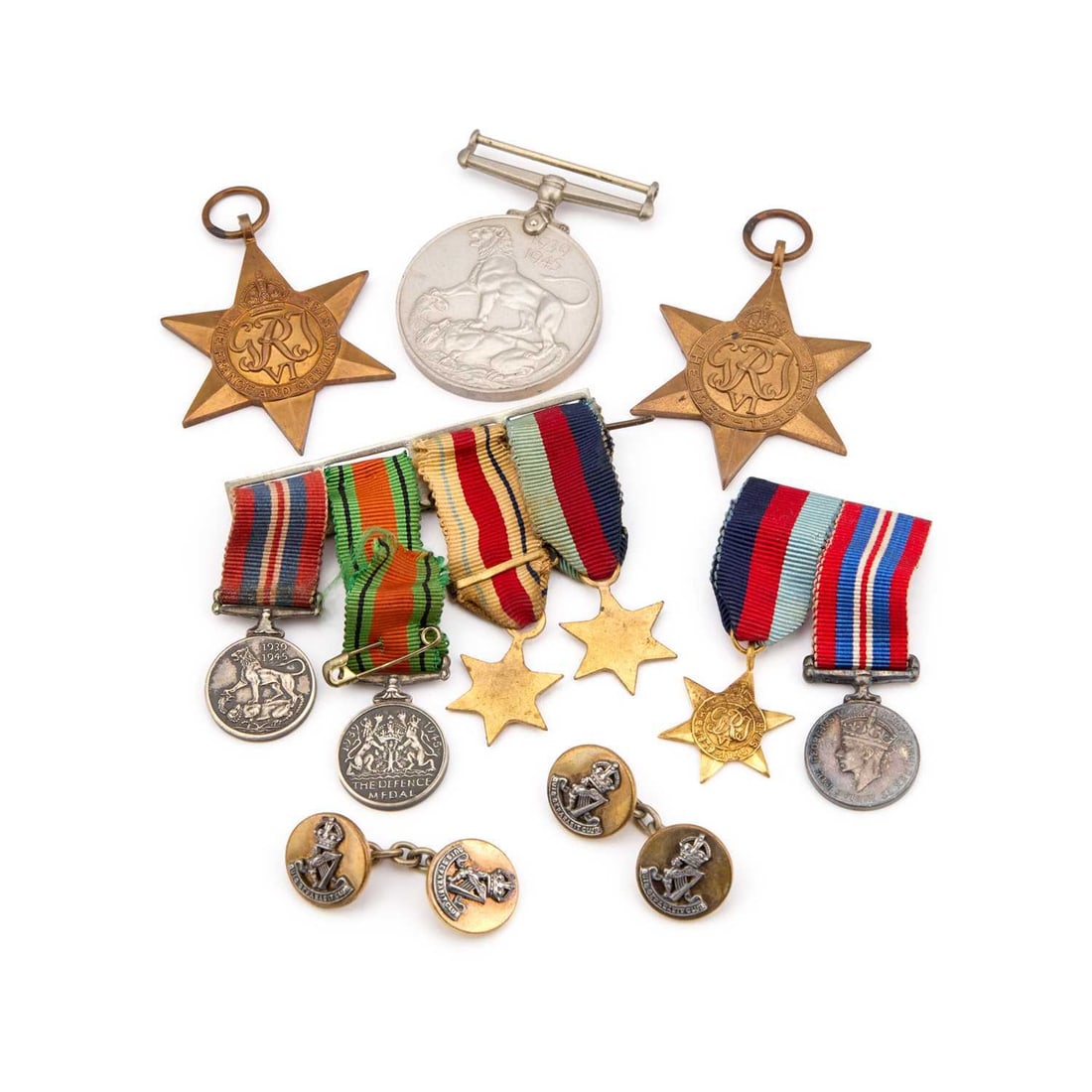 A GROUP OF MEDALS AND MINIATURE MEDALS: together with a pair of Pitt & Co button cufflinks with the crest and motto of the Royal Irish Rifles. (Qty)
