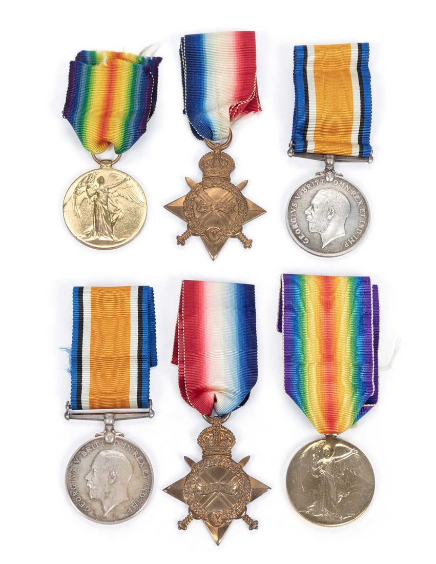 TWO FIRST WORLD WAR MEDAL TRIOS: comprising each trio formed of a War Medal, Victory Medal and 1914-15 Star, awarded to 231116 H.E. Mills. A.B. R.N., with boxes of issue; the second trio named to 22202 Pte. A. Rickard. S. Wales