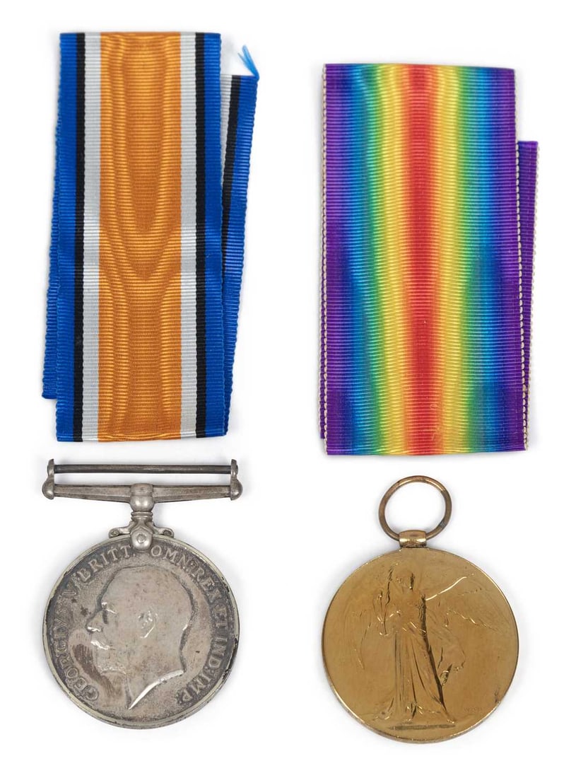 A FIRST WORLD WAR CASUALTY MEDAL PAIR: formed of a War Medal and Victory Medal, awarded to 202139 Pte. W. Ferguson R. War. R., in the boxes of issue, together with dog tags, ID bracelet and casualty letter. (Qty)