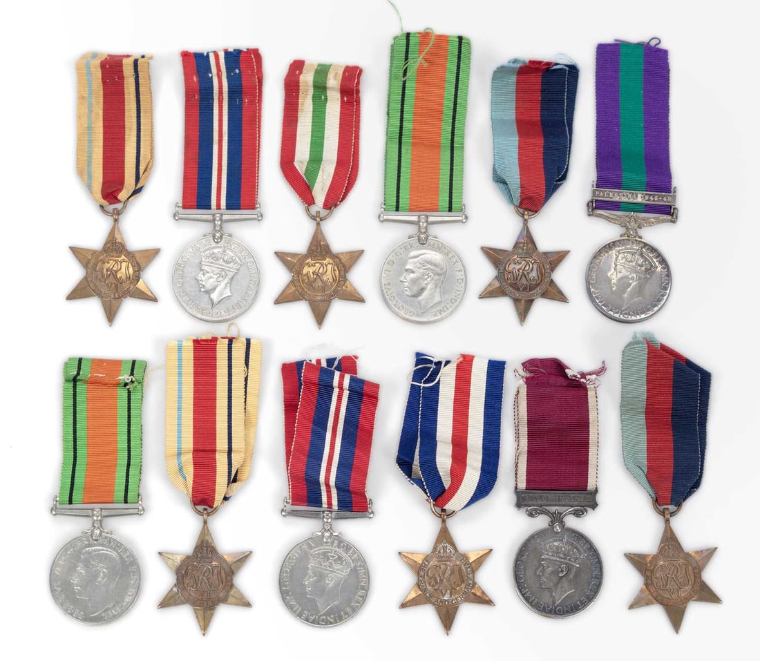 TWO SECOND WORLD WAR MEDAL GROUPS: comprising the first group formed of War Medal, Defence Medal, 1939-45 Star, Italy Star, Africa Star, and a George VI General Service Medal (GSM) with Palestine 1945-48 clasp, awarded to 14051737