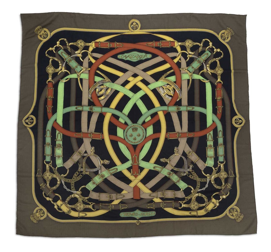 A HERMES CAVALCADOUR CASHMERE AND SILK SHAWL: in the khaki, chartreuse, beige and black colourway, in a Hermes box. 140cm by 140cm