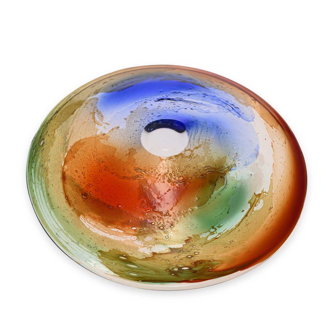 A MURANO GLASS DISH BY TOSI 20TH CENTURY: the large dish of red and blue, engraved signature to the underside. 41.5cm diameter