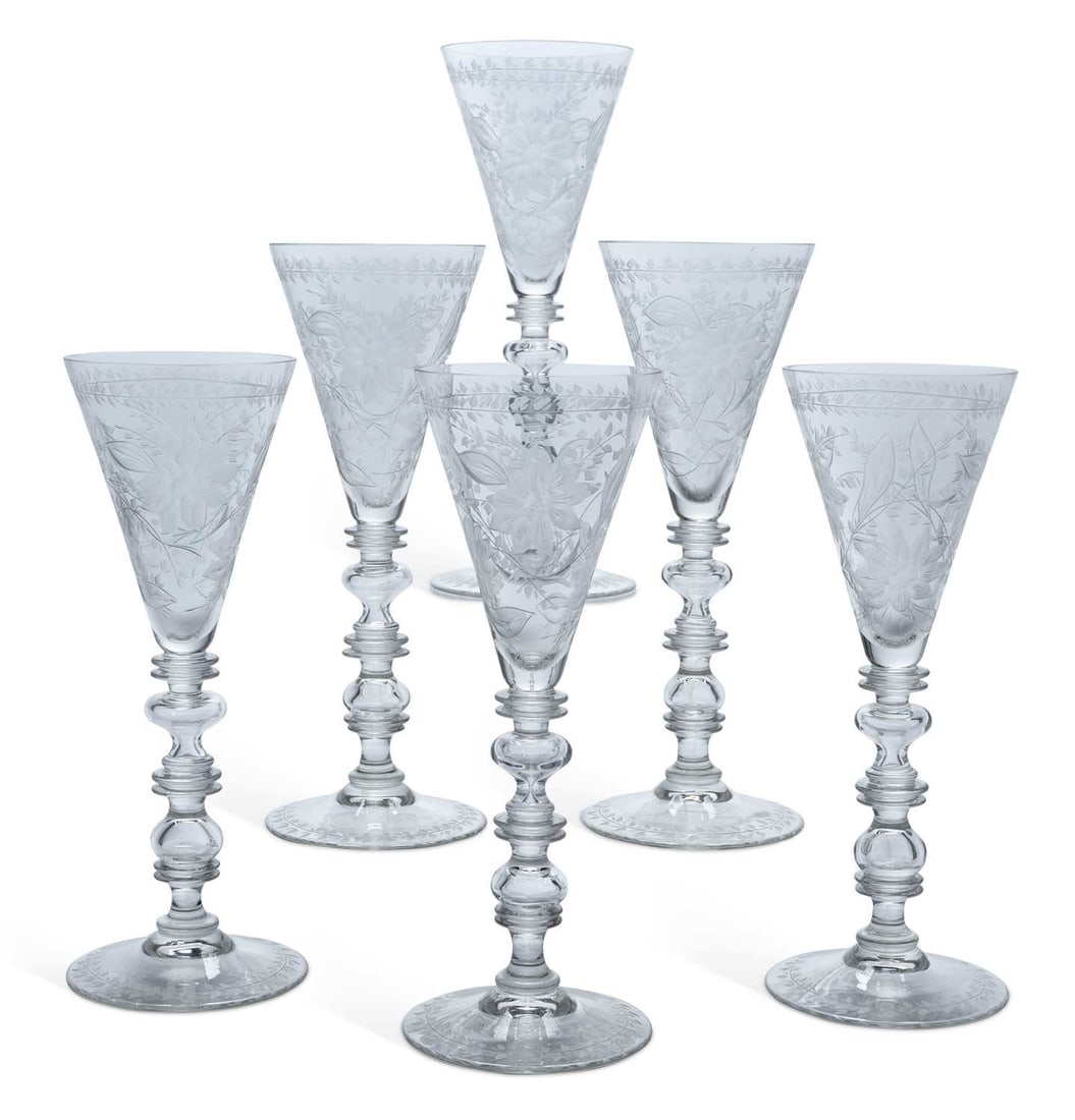 A SET OF SIX ENGRAVED GLASS GOBLETS IN THE 18TH CENTURY TASTE (1 of 1)