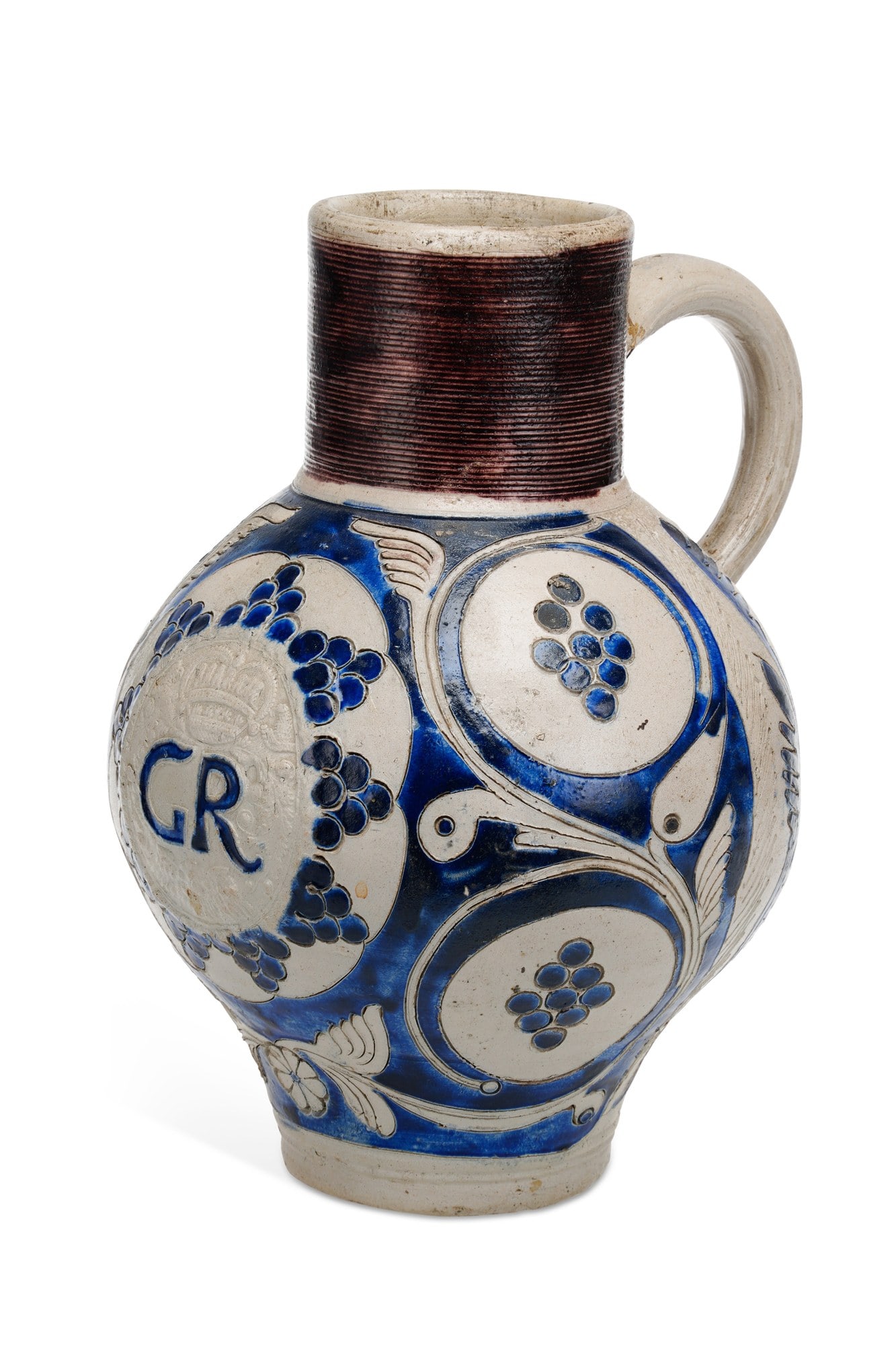 A LARGE WESTERWALD SALT-GLAZED STONEWARE JUG 18TH CENTURY: of globular form with a tall reeded cylindrical neck glazed in manganese, the body applied with a roundel moulded with the crowned GR cypher within a garter, flanked by roundels of grapes among