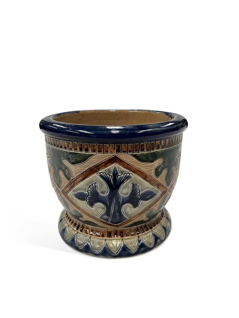 A FULHAM STONEWARE JARDINIERE CIRCA 1889: decorated by Jean-Charles Cazin, with incised decoration of stylised flowers, covered in typical coloured glazes, incised JC monogram and date 89. 17.5cm high, 21cm diameter