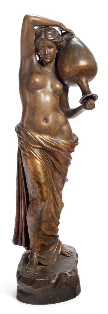 AN AUSTRIAN GOLDSCHEIDER TERRACOTTA FIGURE CIRCA 1900: modelled as a semi-nude female carrying a large urn, walking bare footed on a mound base, applied and impressed factory marks, and model numbers. 67.5cm high