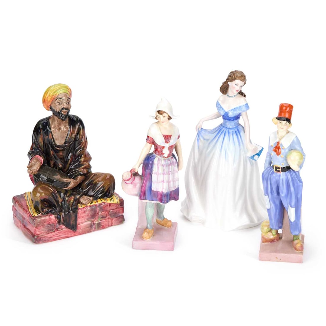 A GROUP OF FOUR ROYAL DOULTON FIGURES: comprising 'Mendicant', HN 1365; 'Derrick', HN 1397; 'Charlotte', HN 4092; and 'Gretchen', HN 1562. (4) First 19cm high Paint marks/blobs to the base of the model Derrick, no visible damage, repairs, 