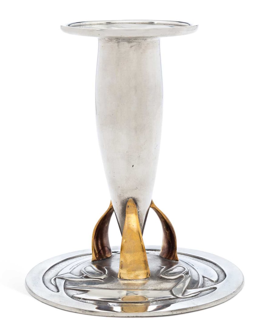 ARCHIBALD KNOX (1864-1933) FOR LIBERTY & CO A TUDRIC PEWTER AND BRASS CANDLESTICK (1 of 3)
