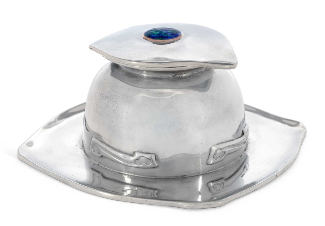 A LIBERTY & CO TUDRIC PEWTER AND ENAMEL INKWELL CIRCA 1910 (1 of 2)
