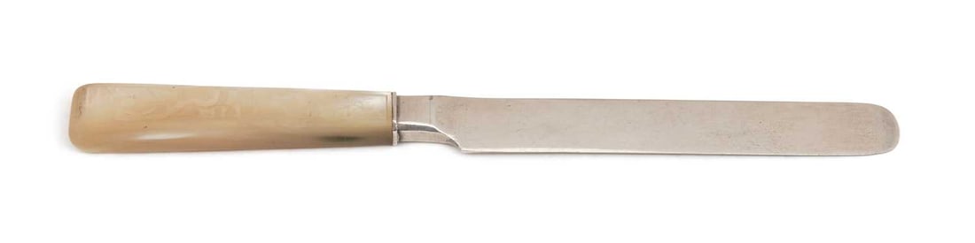 A SILVER AND MOTHER-OF-PEARL HANDLED KNIFE 19TH CENTURY: possibly Chinese, with pseudo marks to the blade, the handle carved with figural scenes. 20cm long