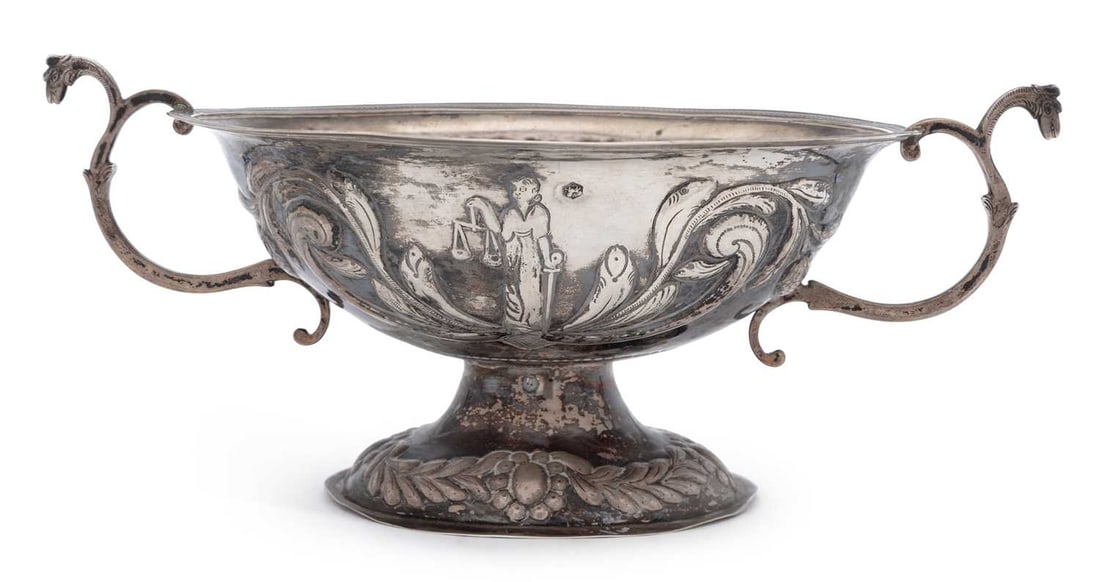 A DUTCH SILVER TWIN-HANDLED PEDESTAL BOWL 19TH CENTURY (1 of 3)
