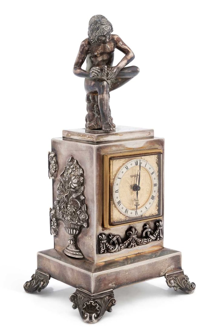 A SPANISH SILVER-CASED FIGURAL MANTEL CLOCK 20TH CENTURY (1 of 3)