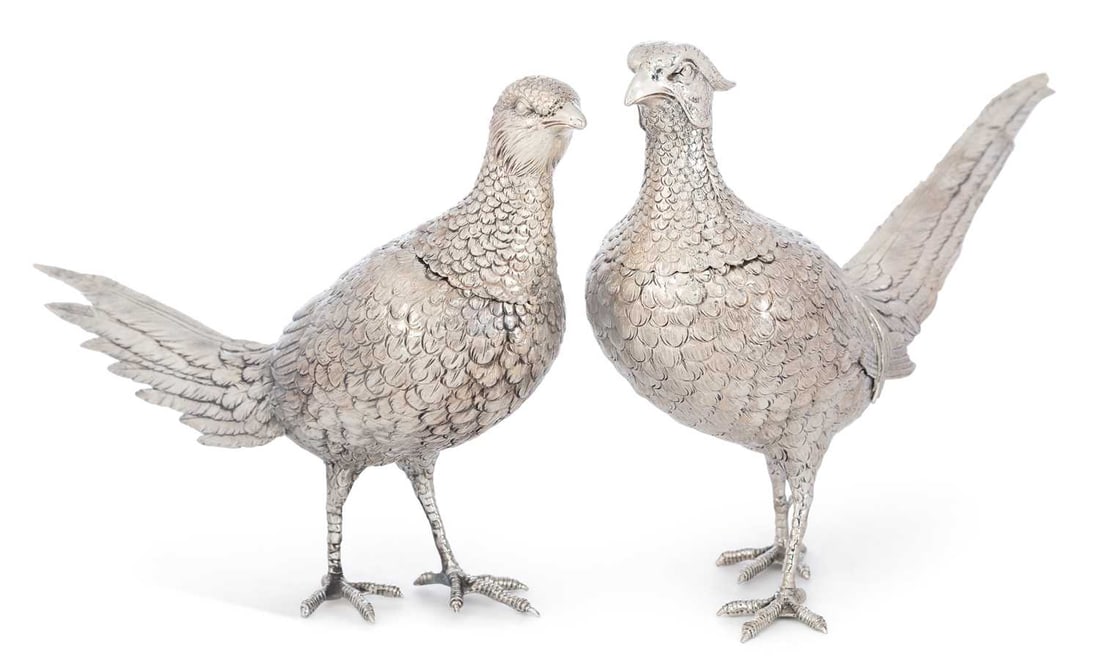 A PAIR OF GERMAN SILVER MODELS OF PHEASANTS EARLY 20TH CENTURY (1 of 2)