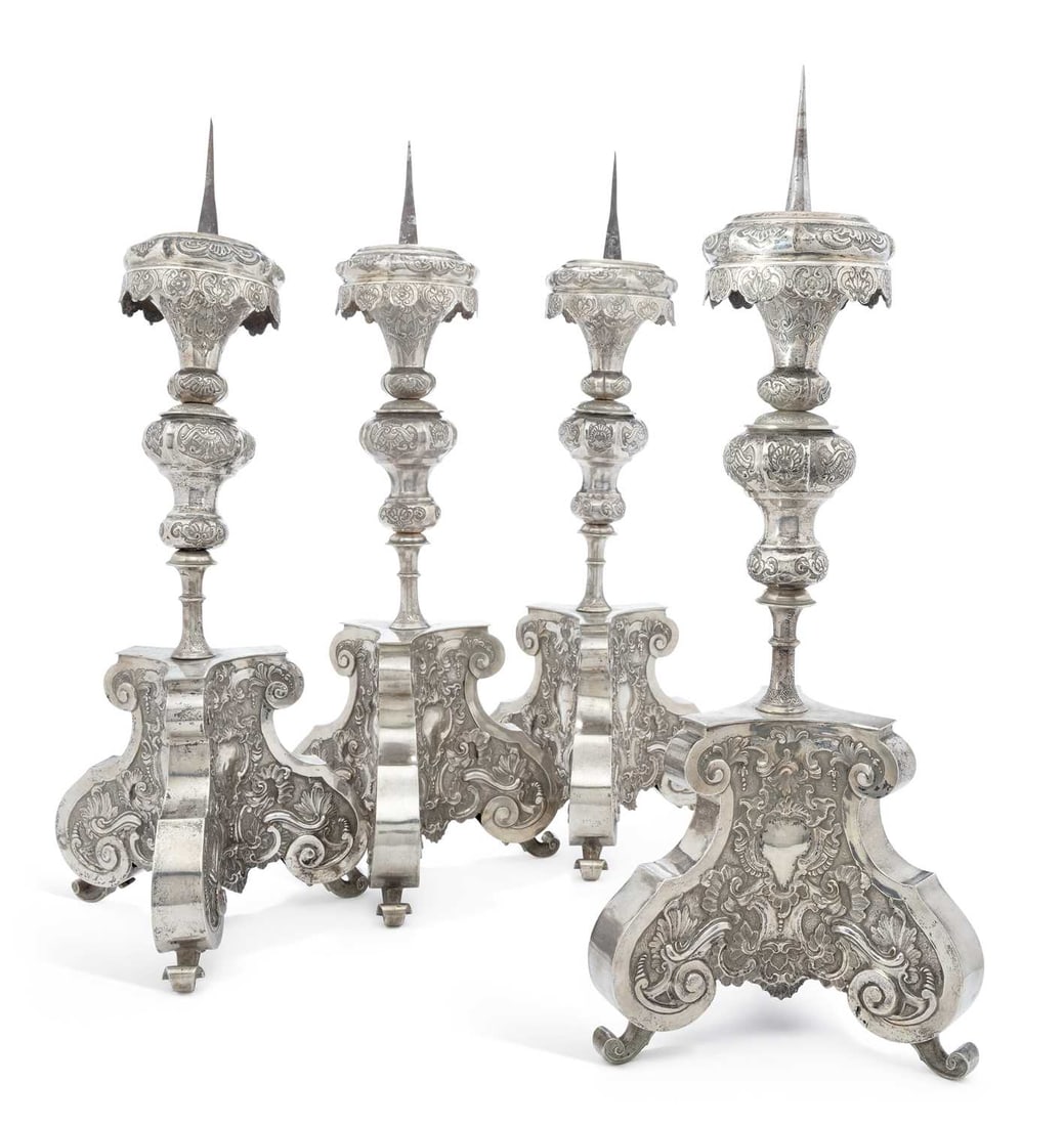 A SET OF FOUR GERMAN SILVER ALTAR CANDLE STANDS/ CANDLESTICKS 18TH CENTURY (1 of 1)