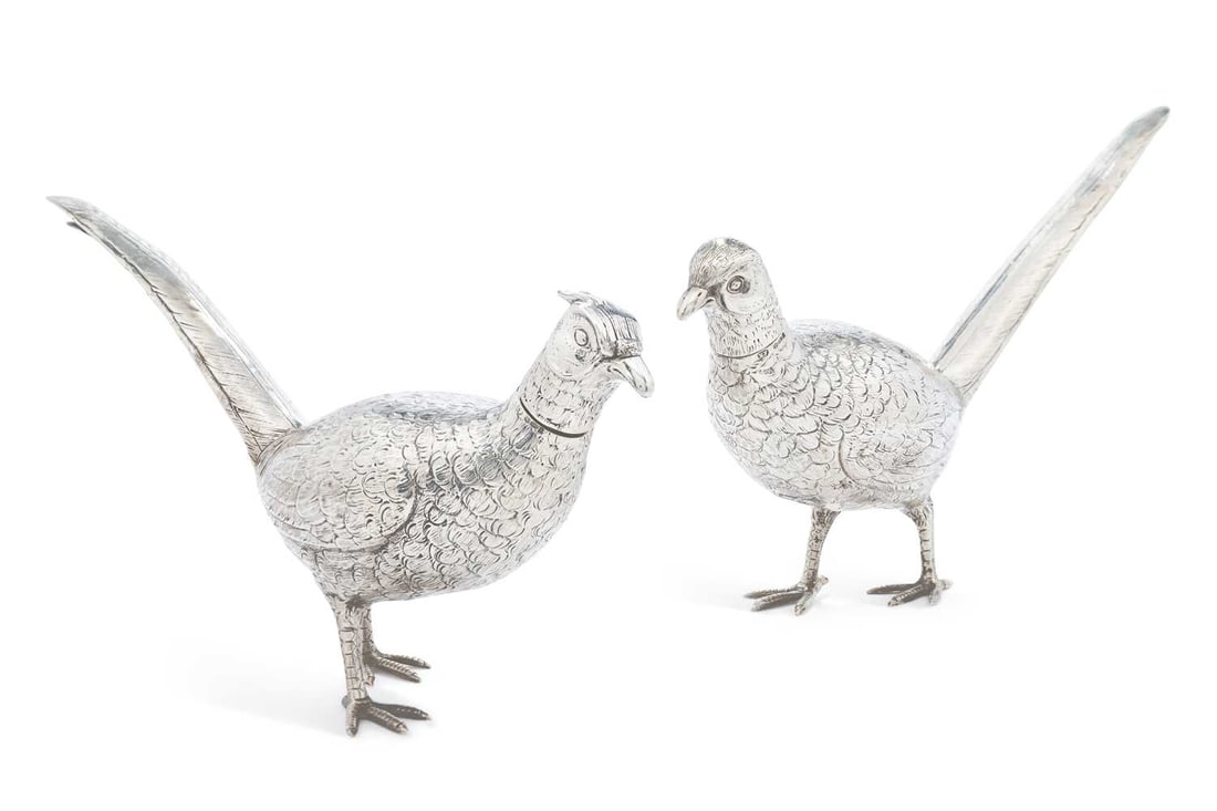 A PAIR OF CONTINENTAL SILVER MODELS OF PHEASANTS 20TH CENTURY (1 of 1)