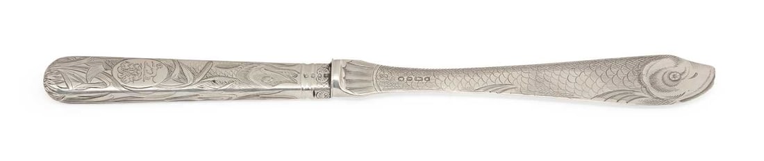 A VICTORIAN SILVER NOVELTY KNIFE: by Chawner & Co., London 1846, the blade engraved with a double-sided fish motif, the handle with alternating trout and pike-type fish within reed decoration, further engraved with a lion passant cres
