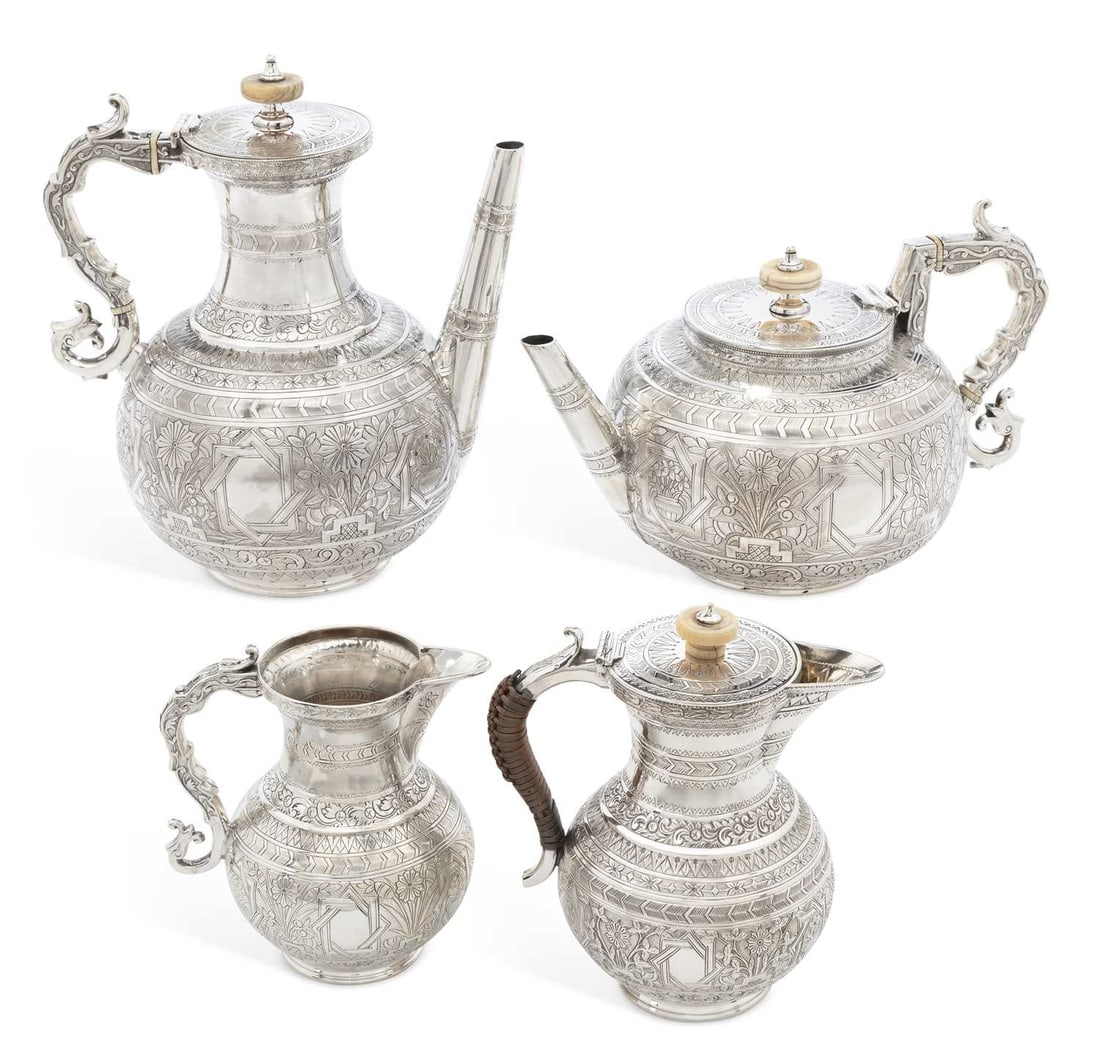 CITES - A VICTORIAN SILVER FOUR-PIECE TEA AND COFFEE SERVICE, A MARRIAGE: the teapot, coffee pot and cream jug by W & G Sissons, London 1879, the hot water pot by Frederick Brasted, London 1879, each engraved in the Aesthetic taste with continuous bands of stylised