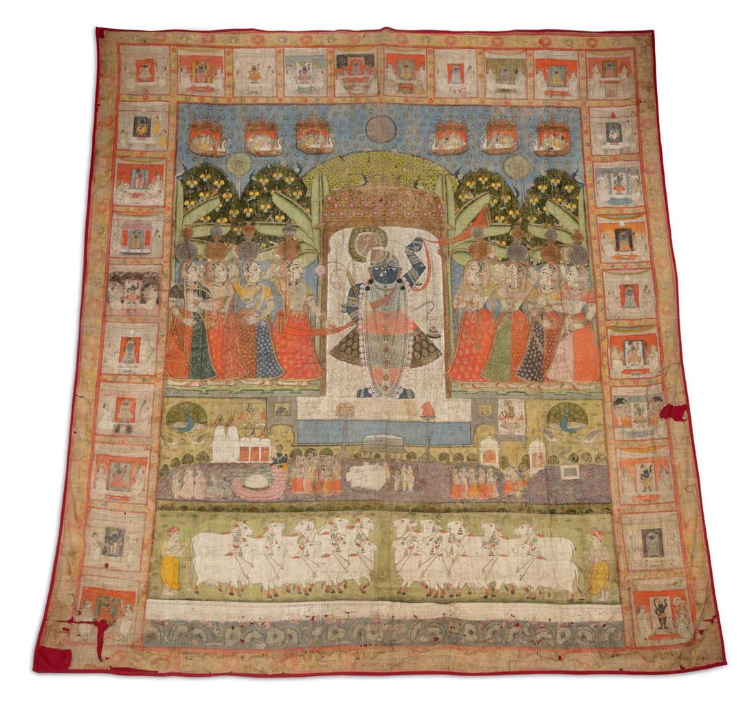 A LARGE INDIAN PICHHWAI (OR PICHHAVAI) PAINTED TEMPLE HANGING 18TH/ 19TH CENTURY: Rajasthan, possibly for Sharat Purnima (Sarat Purnama - Autumn Full Moon Festival), centrally painted in pigments with the figure of Krishna (Sri Nath-ji), backed by a white screen surrounded by gopis