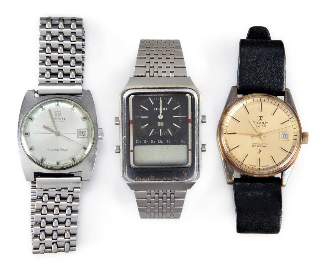 THREE TISSOT WATCHES: comprising a gold plated Tissot Automatic Seastar strap watch, boxed; a steel Tissot Visodate Seastar Seven bracelet watch; and a steel Tissot duo display strap watch. (3) Last case diameter 42mm