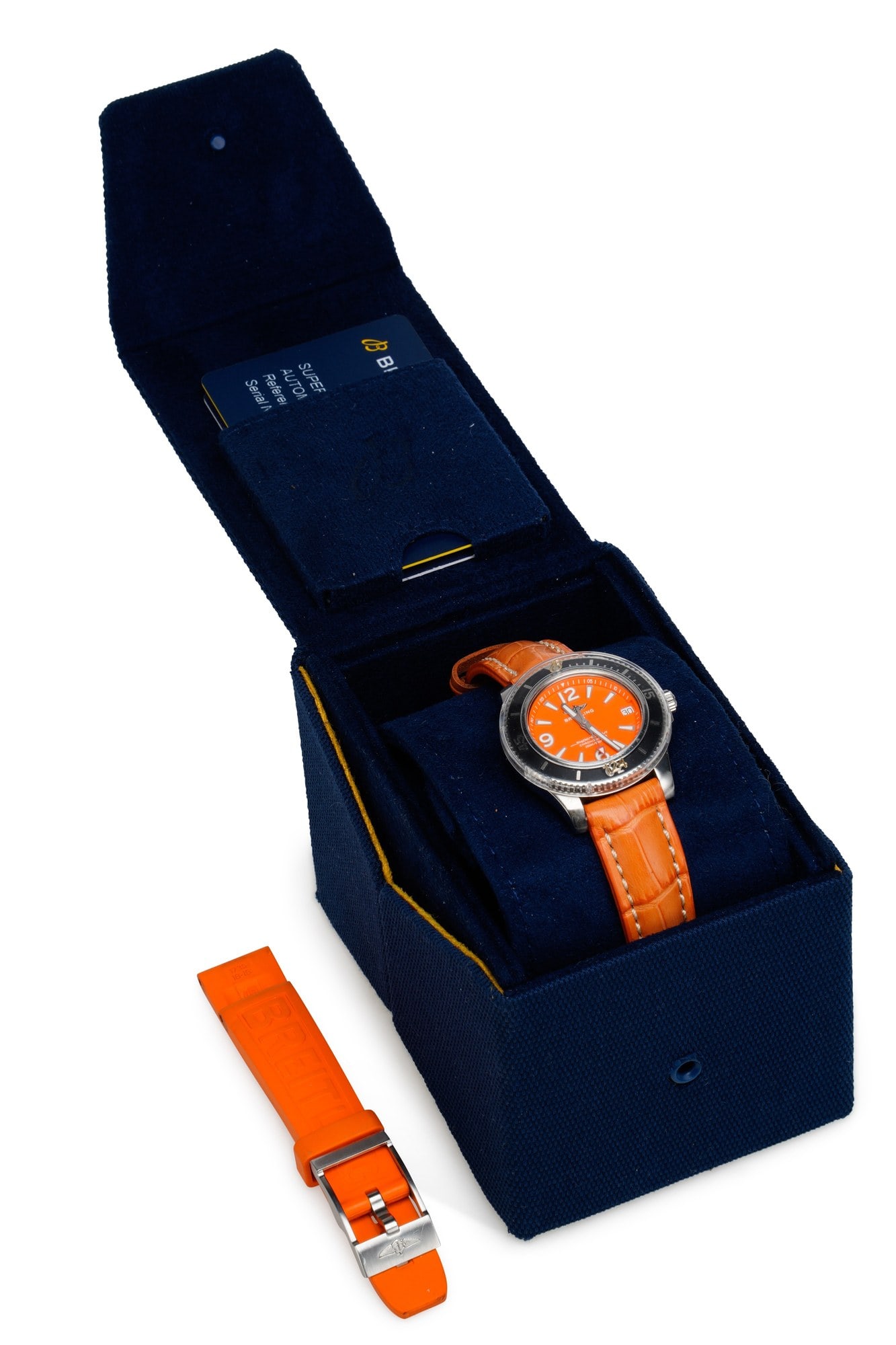 A BREITLING SUPEROCEAN 36 AUTOMATIC STRAP WATCH: the circular orange dial signed Breitling Superocean Chronometer 200M/660FT, Arabic quarter indices and batons between, luminous hands, date aperture at the 3 o'clock position, unidirectional inlaid
