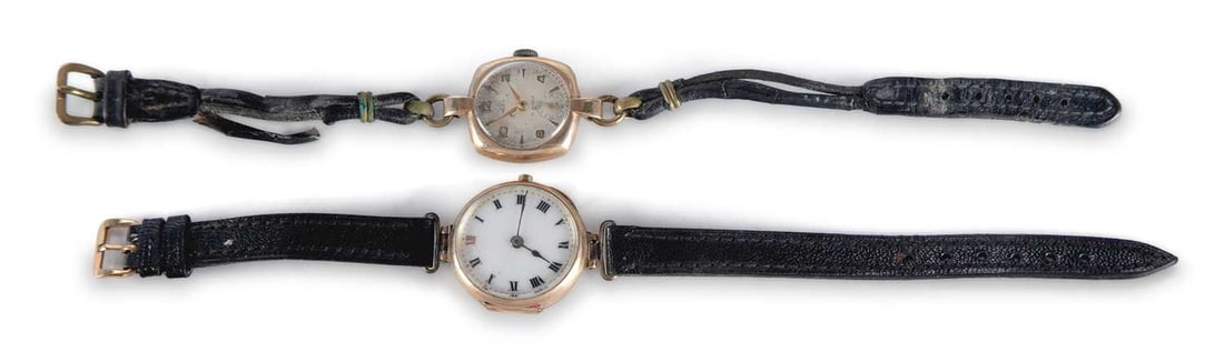 TWO LADY'S 9CT GOLD STRAP WATCHES: comprising a cushion-shaped Majex and an unsigned example, both fitted with leather straps. (2) Last case diameter 26mm Watches are not currently functioning.