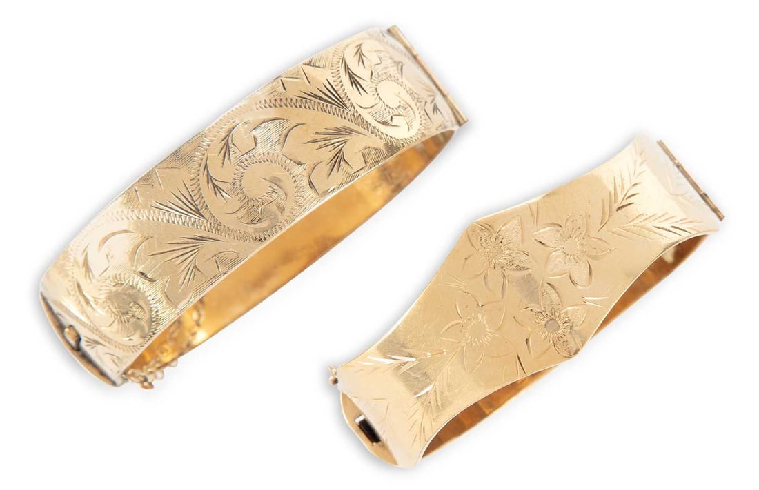 TWO ROLLED GOLD HINGE OPENING BANGLES (1 of 1)