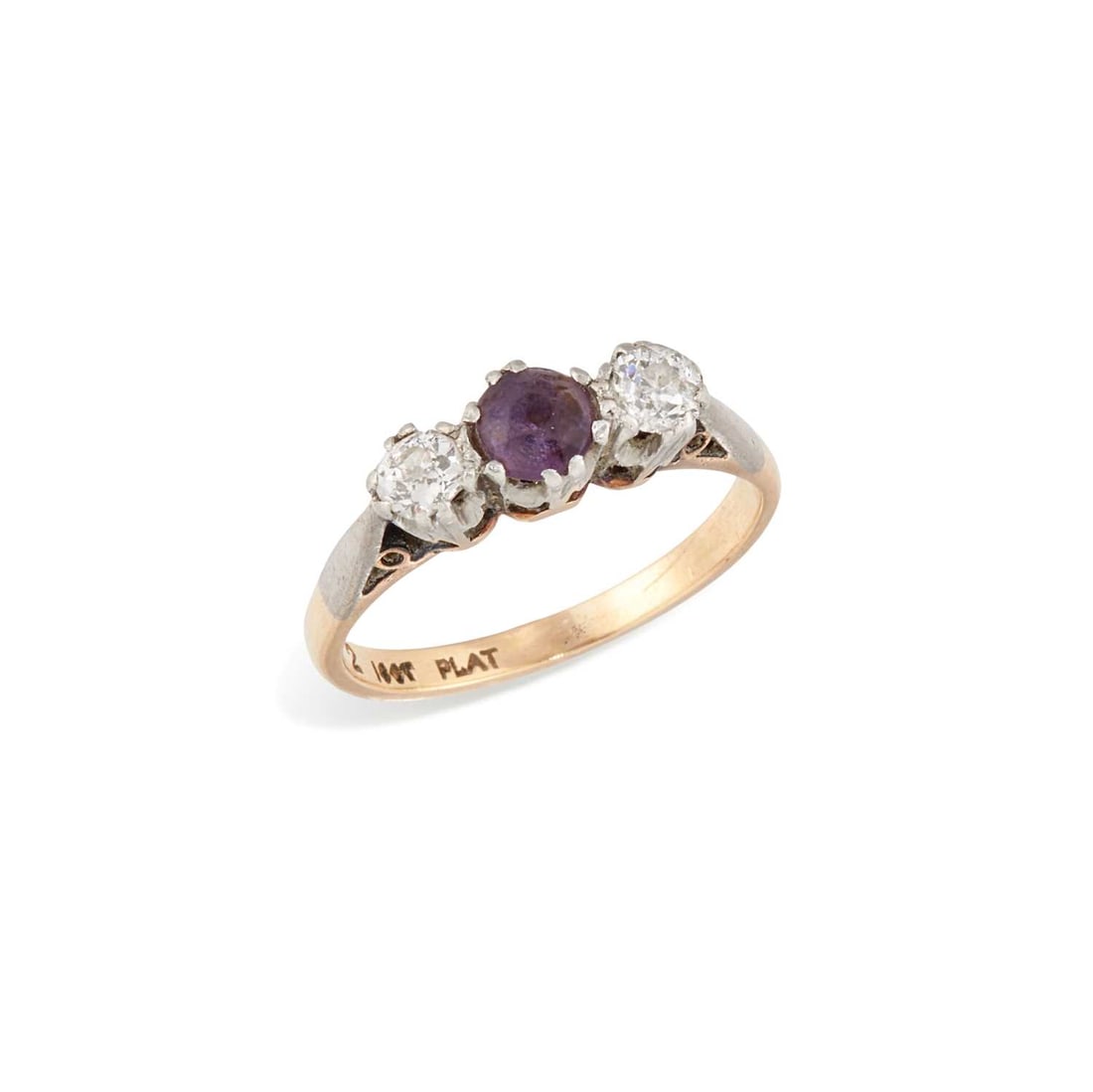 AN AMETHYST AND DIAMOND THREE STONE RING: a round-cut amethyst spaced by old-cut diamonds, stamped '18CT PLAT'. Estimated total diamond weight 0.35 carat, ring size J, 2.7 grams Good condition. Estimated diamond colour: H/I, estimated diamond