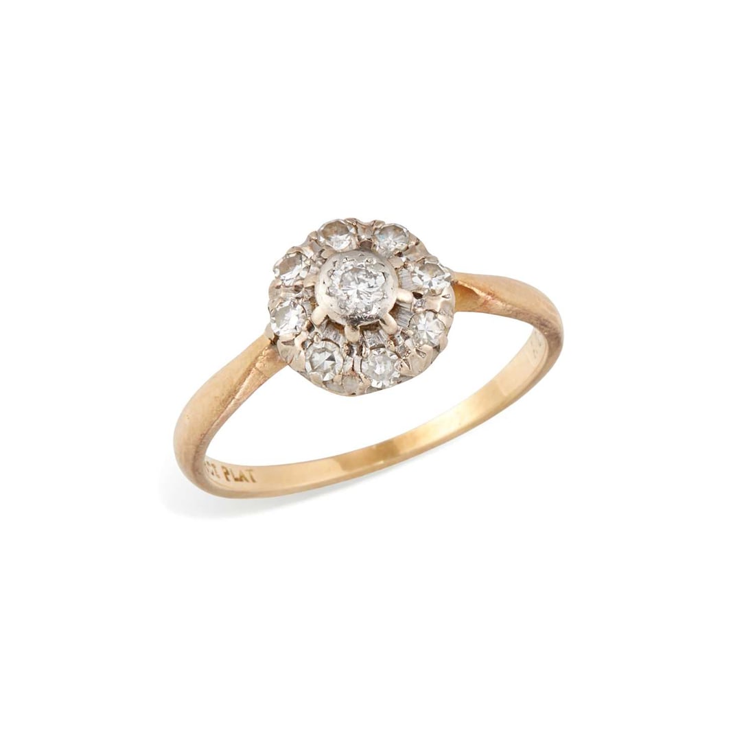 A DIAMOND CLUSTER RING: a round brilliant-cut diamond within a border of round-cut diamonds, stamped '18CT PLAT'. Estimated total diamond weight 0.35 carat, ring size O1/2, 2.9 grams Good condition. Estimated diamond