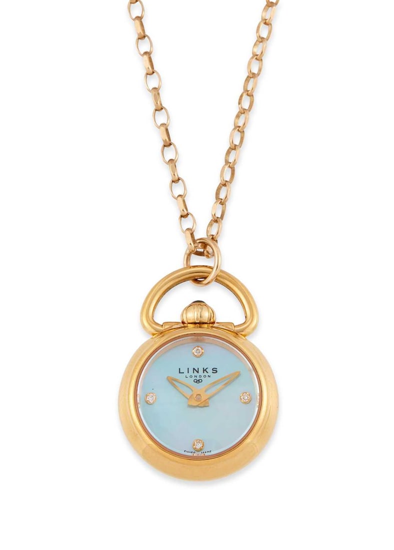 A 9 CARAT GOLD BELCHER CHAIN NECKLACE AND LINKS OF LONDON PENDANT WATCH: the faceted belcher chain suspending a Links of London gold plated fob watch with mother-of-pearl dial. Chain 75cm long, fob watch 3cm long, chain 6.6 grams Good condition