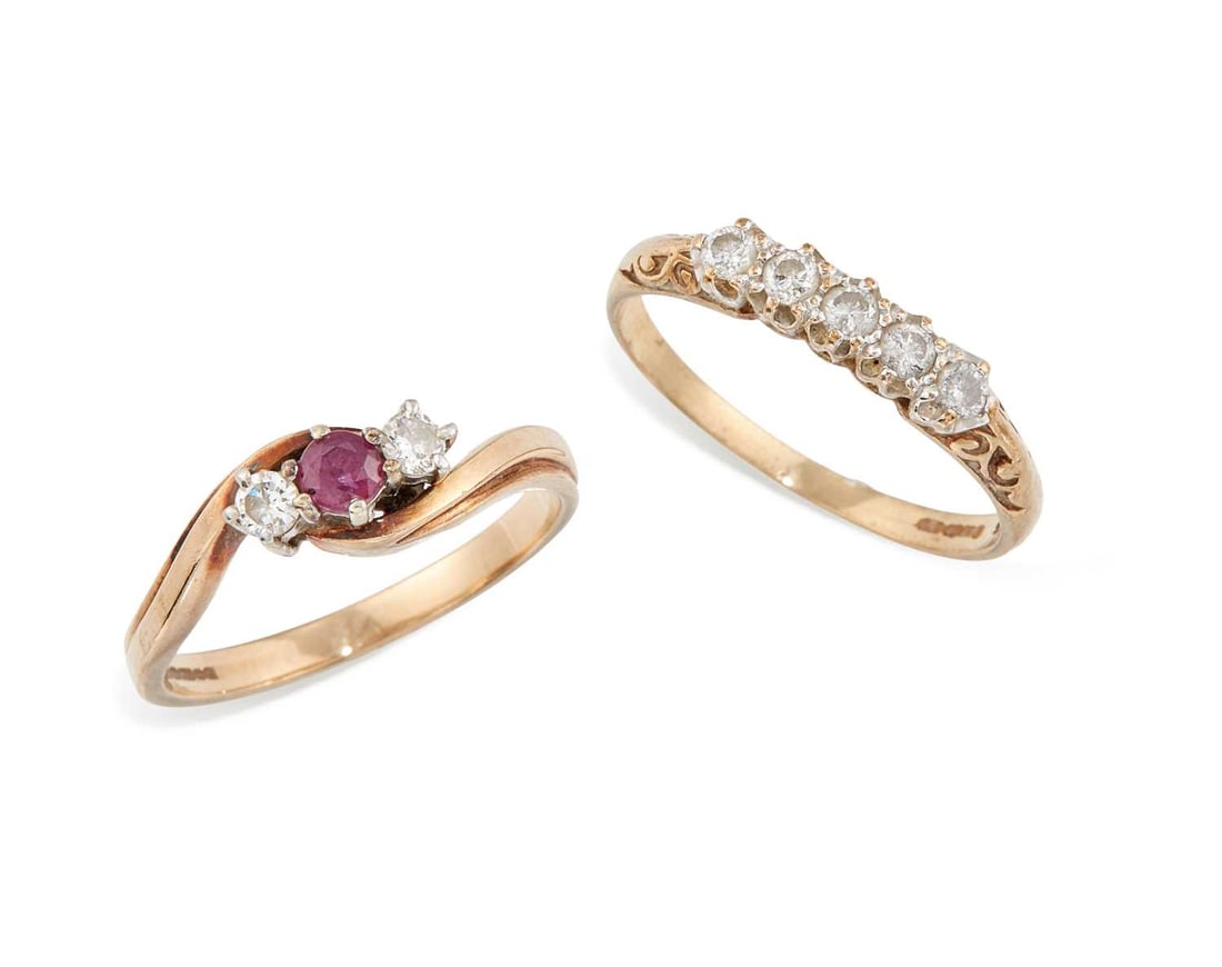 TWO 9 CARAT GOLD GEM-SET RINGS: comprising a diamond half hoop ring, hallmarked; and a ruby and diamond three stone ring, hallmarked. (2) Ring sizes P and O1/2, 2.7 grams gross Good condition.