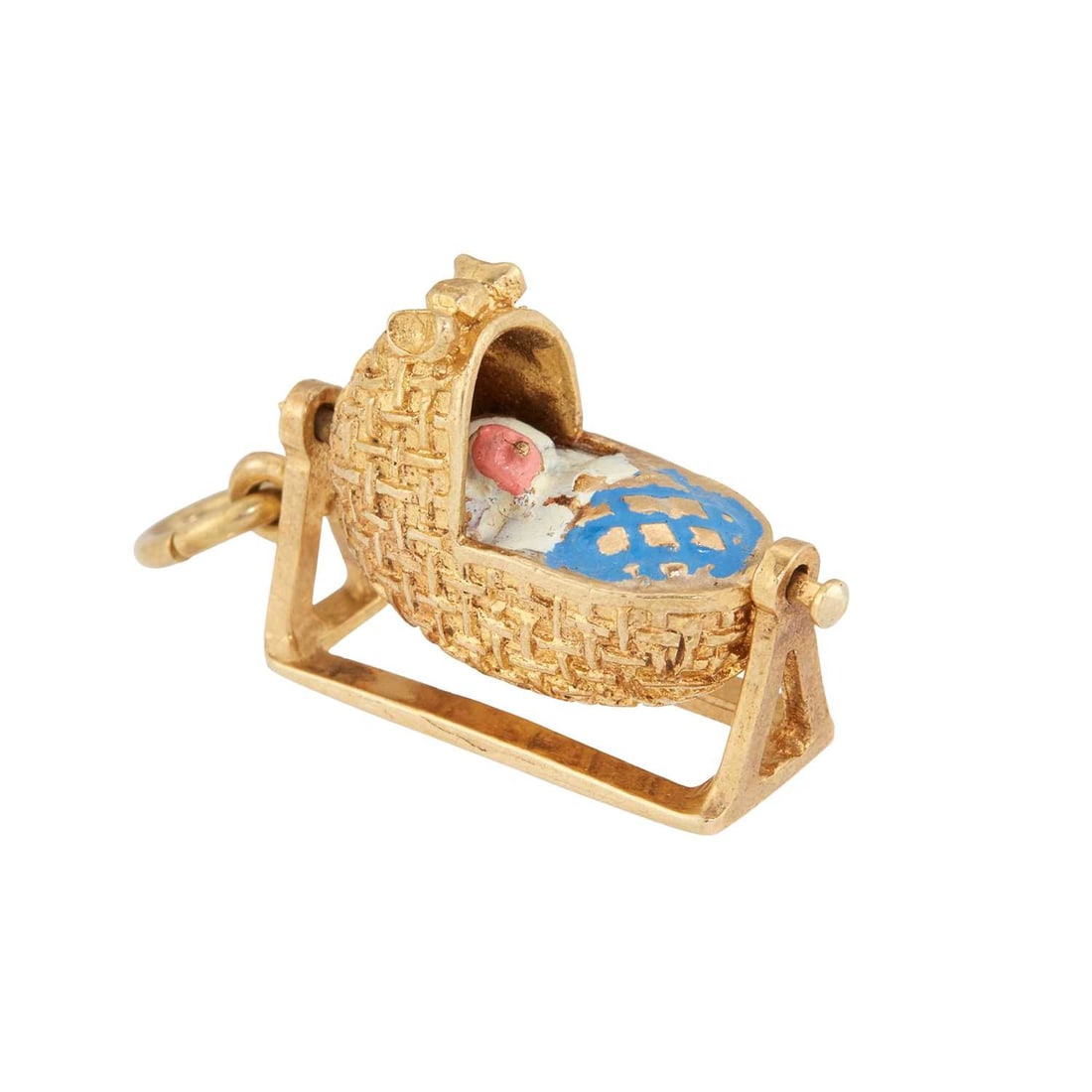 A 9 CARAT GOLD BLUE ENAMEL CRADLE PENDANT CHARM: hallmarked. 2.5cm long, 3.5 grams Rubbing and loss to the enamel